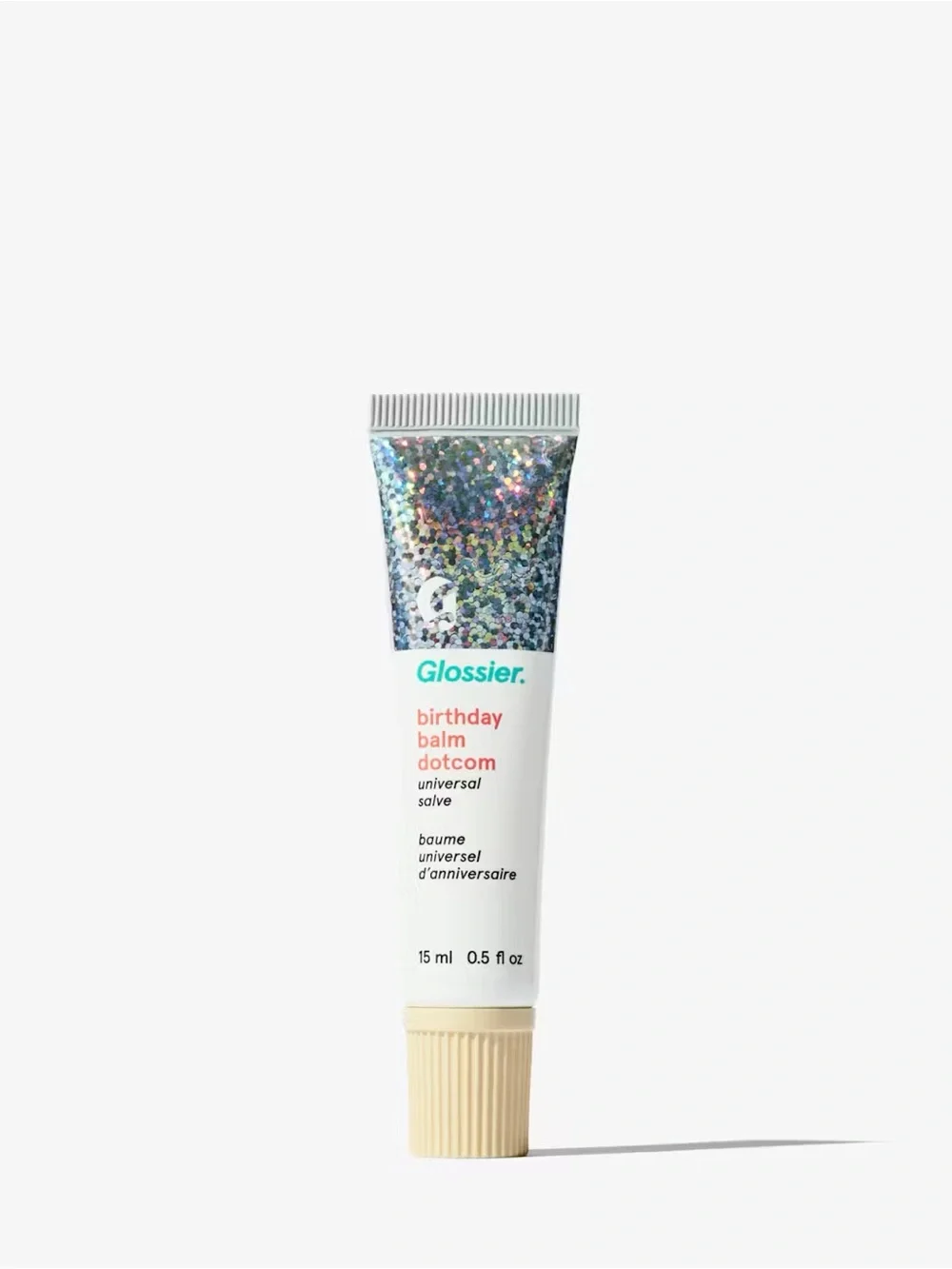 Glossier Birthday Balm Dotcom Tube with Holographic Silver and Cream Cap
